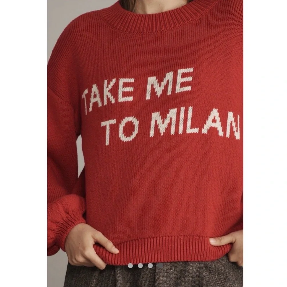 Anthropologie Maeve Graphic ‘Take Me To Milan’ Red Cotton Sweater
